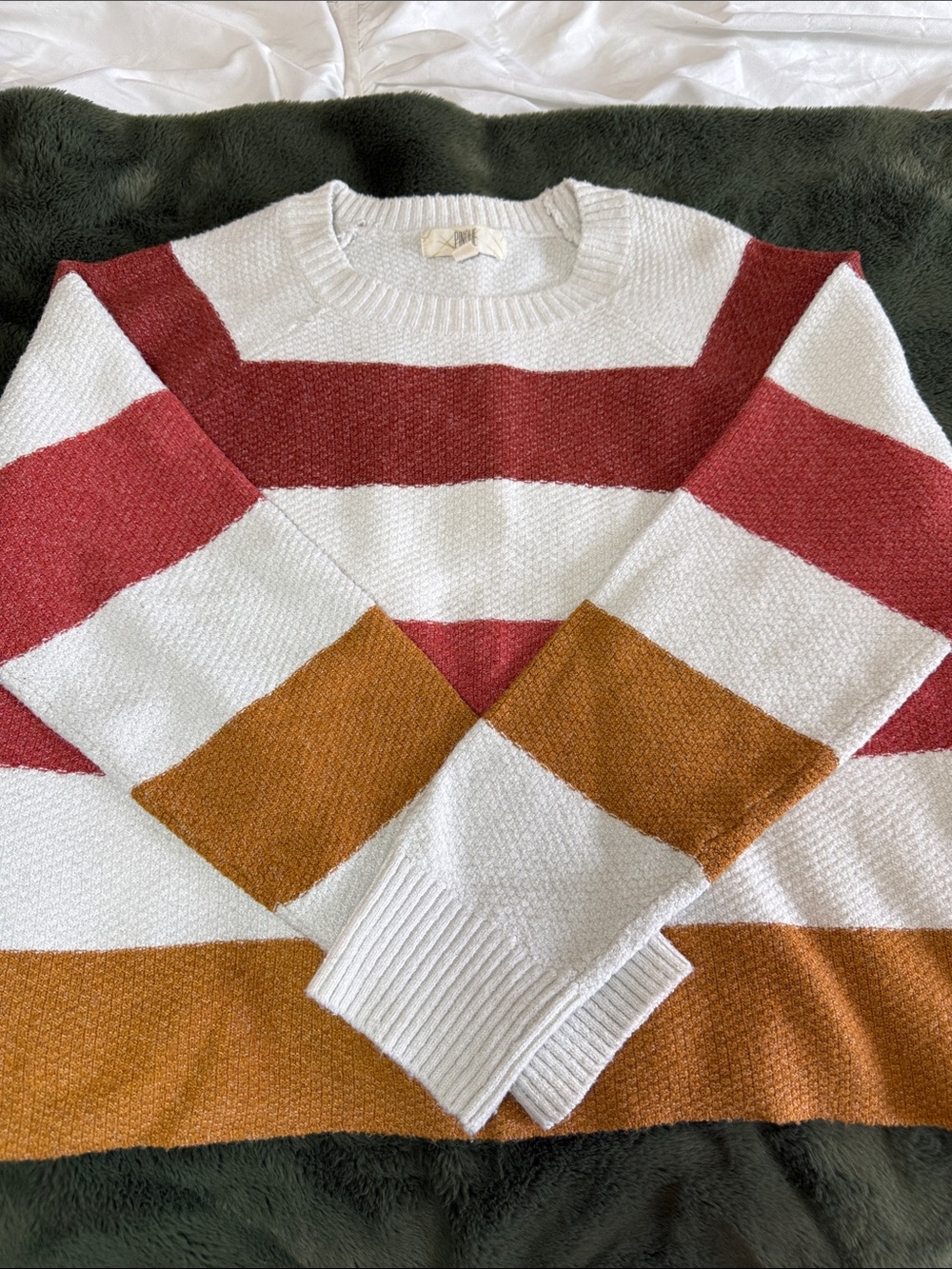 Striped Crewneck Sweater in White, Rust Red & Burnt Orange